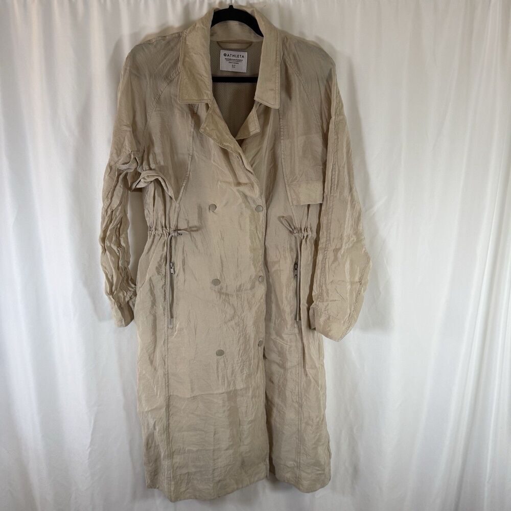 Athleta Trench Coat Women's Small Tan Snap Button Lightweight Collared Cupro Nyl